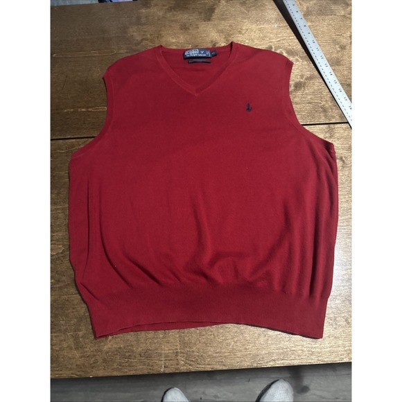 Polo Ralph Lauren Sweater Vest 100% Pima Cotton Red Navy Pony Men's XL Vintage - Picture 1 of 5